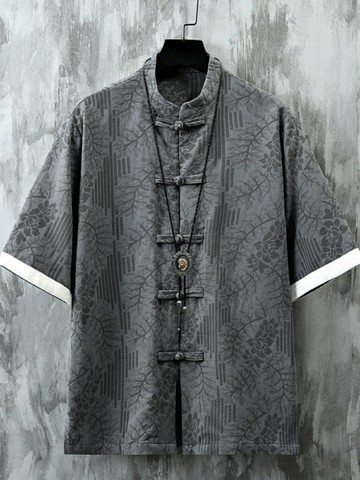 新中式唐裝棉麻襯衫短袖 盤扣提花復古中國風男裝亞麻襯衣中山外套