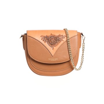 百變換蓋真皮馬鞍包 - 復古手工雕花拼接