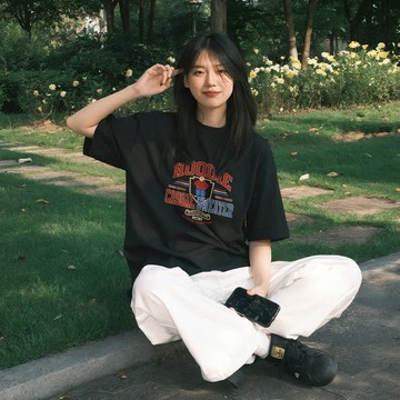 【現貨！當天發】夏季短袖韓系簡約風女t恤 重磅250g純棉高質量 寬鬆大尺碼落肩版女上衣  男女同款情侶衣