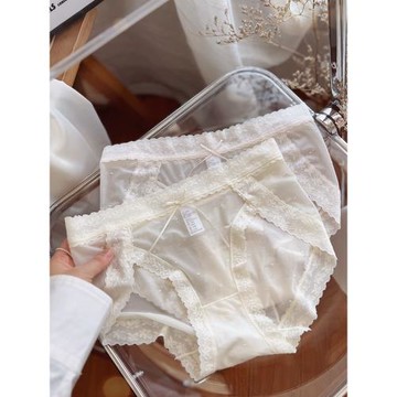 淺藕粉桂花茶~蕾絲少女純欲性感網紗透明內褲女無痕裸感輕薄棉襠