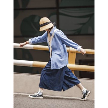 馬登日系休閑高腰牛仔褲寬松顯瘦半身裙褲闊腿背帶褲百搭背帶裙女