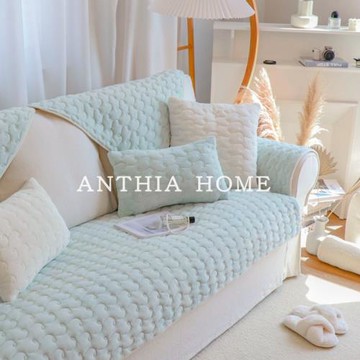 秋冬北歐奶油薄荷綠毛絨皮沙發墊短絨坐墊防滑靠背巾簡約現代保暖