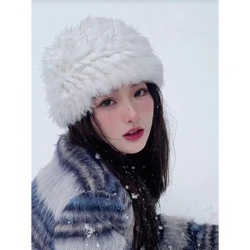 兔毛帽子女秋冬加厚保暖包頭帽皮草一體毛絨帽防寒百搭針織毛線帽