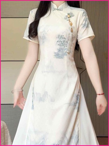 2025年風新款奧黛改良夏季旗袍中國氣質中式年輕茶服高級連身裙 FHKN