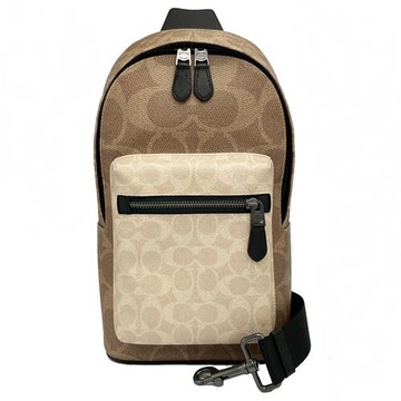 【COACH】大小C 前拉鍊男款單肩胸前斜背包(米白/焦糖)