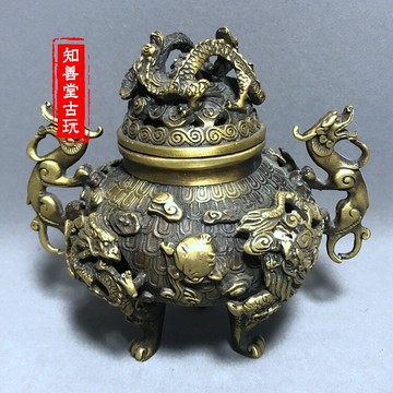 古玩銅器純銅龍香爐 九龍盤香爐 大清乾隆御制熏香爐仿古工藝精品