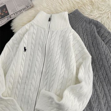 秋冬季高級感麻花針織開衫男美式復古寬松慵懶風休閑保暖立領毛衣