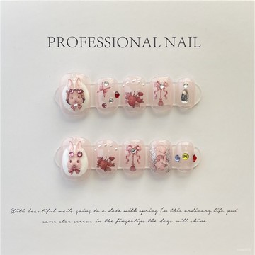 💟加一手工甲💅🏻【純手工實拍】純手工穿戴甲手工製作日常風草莓兔學生孕㛿可戴純手工穿戴甲 ZF5S