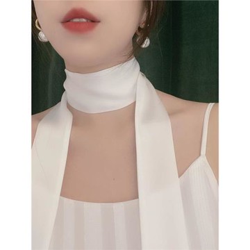 白色頭巾純色小領巾圍巾韓版潮細窄長條絲巾飄帶超長腰帶發帶絲帶