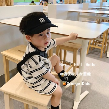 Orange Kids🍊【80-120】男童純棉短袖套裝 男寶寶帥氣條紋運動兩件套 小中童休閑夏裝兩件套 兒童短袖短褲