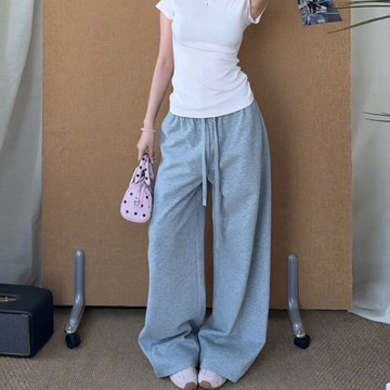 【林木木】闊腿褲女 闊腿褲女 運動褲 落地褲 小個子 高腰 寬鬆長褲 多巴胺
