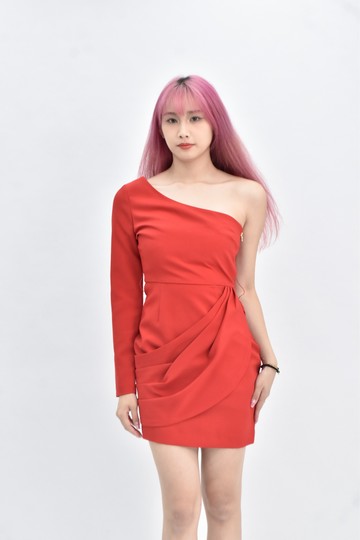 (S) 【趙小僑私服】chichi禮服斜肩紅色洋裝