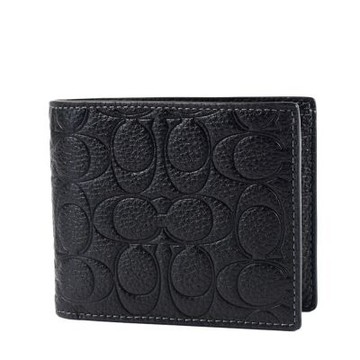 COACH 男款 鵝卵石紋壓印LOGO八卡短夾-黑色/附證件夾
