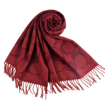 COACH 大C LOGO羊毛流蘇圍巾-紅色