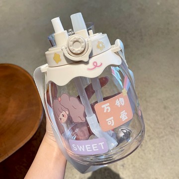 可愛大容量水杯吸管杯女斜挎背帶水壺設計感學生塑料杯子便攜防摔