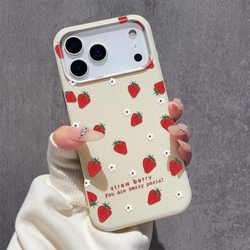 簡約草莓 iPhone17ProMax皮紋軟殼 蘋果16手機殼 大孔鏤空鏡頭 15plus 14 13 防摔保護殼
