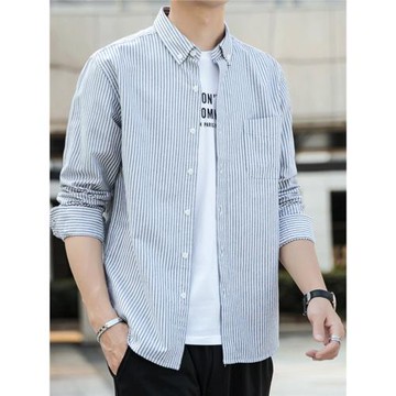 秋季條紋純棉長袖襯衫寬松商務休閑青年上衣修身襯衣外套大碼潮流