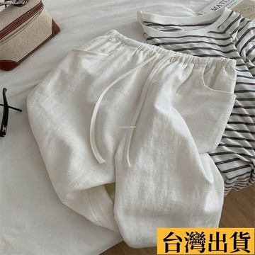 🌈台倉出庫🌈 巨顯腿長!!水洗白色棉麻褲子 小個子亞麻闊腿褲女 透氣棉麻直筒鬆緊腰防透寬鬆休閒褲女 長褲 女長褲 直