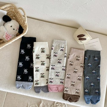 左右襪業 日系可愛卡通小狗二指中筒襪女秋季百搭分趾透氣韓版學院風堆堆襪現貨精品