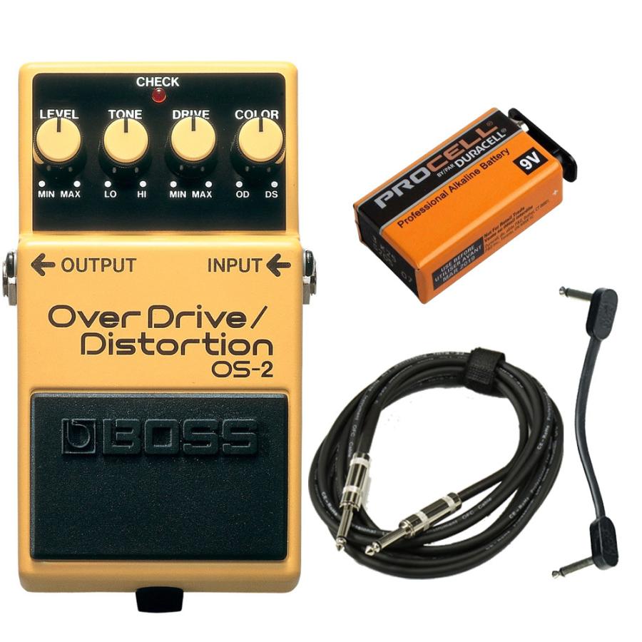 BOSS   OS-2 Over Drive   Distortion スターターセット -アルカリ9V電池、3.5mギターケーブル、パッチケーブル-(YRK)