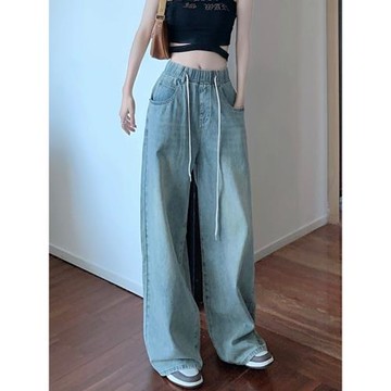 抽繩綁帶松緊腰牛仔褲女早春季高腰顯瘦寬松直筒拖地長褲闊腿褲子