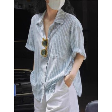藍色條紋棉麻短袖襯衫女2025新款夏日系穿搭亞麻襯衣法式寬松上衣