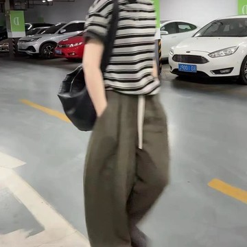8162 人清單收納🎭韓系慵懶風休閒運動套裝女夏季寬鬆復古條紋短袖T恤闊腿褲兩件套O2UZ