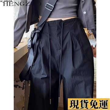 🚛限時低价🚛 高街美式運動工裝褲女2025夏季高腰直筒顯瘦寬鬆薄款抽繩休閒長褲