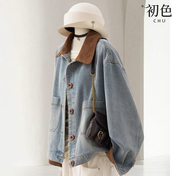 初色 休閒簡約寬鬆酷帥燈芯絨拼接撞色排扣翻領長袖牛仔外套女外套-藍色-16647(M-XL可選)