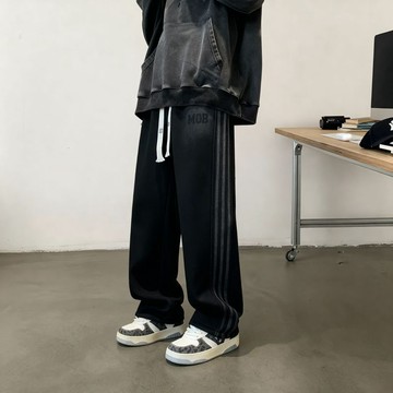 新款男士夏季港式休閒褲寬鬆運動褲潮流百搭透氣直筒九分褲長褲 黑色寬褲 白色牛仔褲 寬褲 基本款