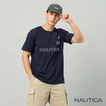 Nautica 官方旗艦 男裝 潮流大標經典LOGO純棉短袖T恤-深藍色