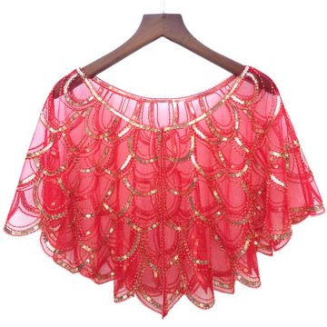 新款時尚百搭寬松旗袍斗篷式一粒暗扣亮片訂珠小坎肩防曬衣女外披