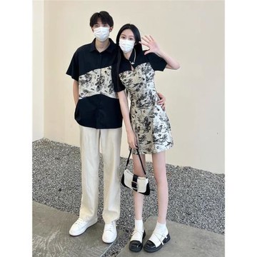 中式情侶裝夏季一裙一衣襯衫設計感小眾2025新款改良版旗袍高級感