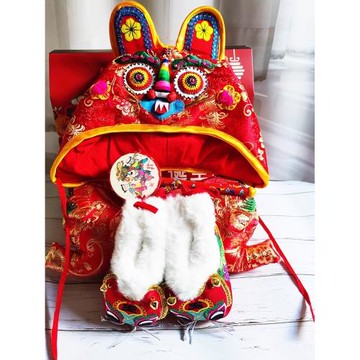 新年百天周歲兒童冬季加棉虎頭帽男女寶寶虎頭鞋老虎送禮套裝禮盒