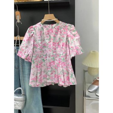 法式氣質圓領甜美小衫夏季新款粉色櫻桃碎花減齡娃娃衫短袖上衣女