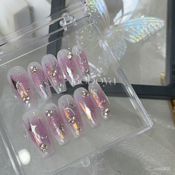 ✨Hannah✨純手工『極光閃爍』冰透紫色暈染極光閃光奢華粘鑽爆款美甲精緻穿戴甲 GMIN