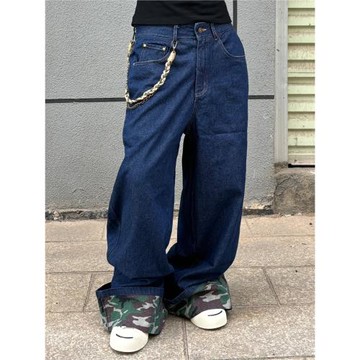 美式高級復古迷彩卷邊牛仔褲男女cleanfit潮牌小眾寬松休閑闊腿褲