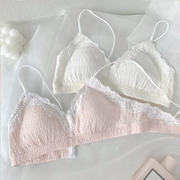 肩帶顯小內衣少女學生法式三角杯無鋼圈小胸純色甜美細肩帶蕾絲文胸夏季薄款【倪醬】
