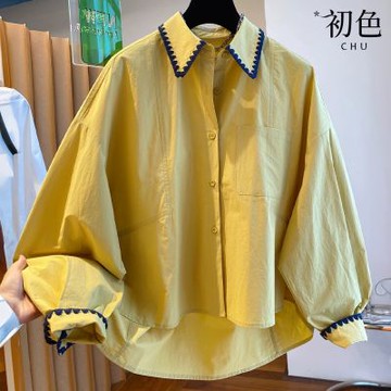 初色 韓版寬鬆拼接撞色花邊單排釦胸口袋翻領長袖落肩袖襯衫上衣女上衣-共3色-14780(M-XL可選)