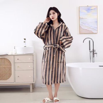 新款輕奢復古簡約浴袍棋盤格豎條浴袍酒店居家浴袍男女長款家居服