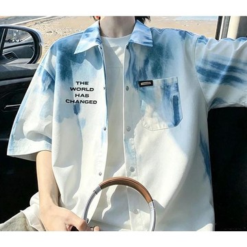 2026新款男士漸變設計短袖襯衫夏季休閒美式翻領寬鬆扎染男裝襯衣休閒短袖襯衫 短袖男襯衣 夏季半袖襯衣 漸變休閒短袖襯衫