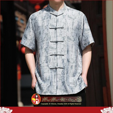 男士唐裝短袖襯衫 中國風春夏漢服上衣 中年立領印花款｜拓印 淺灰色 M-3XL｜水水女人國