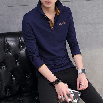男士翻領t恤長袖春秋裝大碼polo衫男裝春秋季打底衫有帶領上衣服
