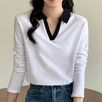 純棉長袖T恤女秋季新款V領上衣polo領韓版寬鬆休閒薄款洋氣打底衫