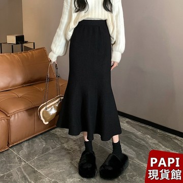 【PAPI】瘦高腰魚尾裙 秋冬新款韓系INS修身顯瘦氣質純欲甜美純色針織坑條長裙 包臀裙 半身裙 女裝批發價【9221】