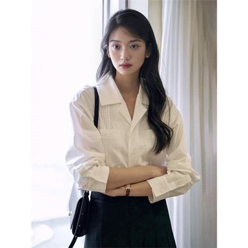 法式高級感古巴領上衣通勤白色襯衫女春季風琴褶長袖內搭疊穿襯衣