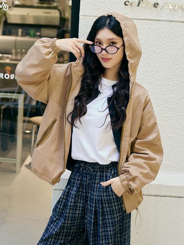 休閒配色拉鍊抽繩連帽外套