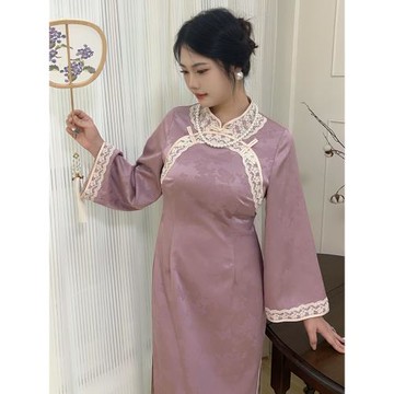 【自制款】原創設計大碼胖mm紫色日常新中式顯瘦旗袍連衣裙200斤