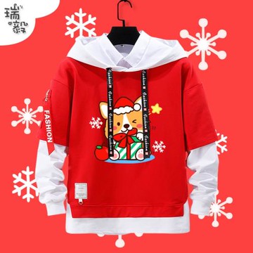 柯基狗可愛圣誕柯基狗狗創意假兩件連帽衛衣男女兒童裝學生款外套