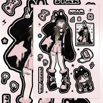綠安禾🚚 8張原創Y2K黑粉少女拼圖貼紙ins風韓系甜妹女孩可愛卡通防水貼畫